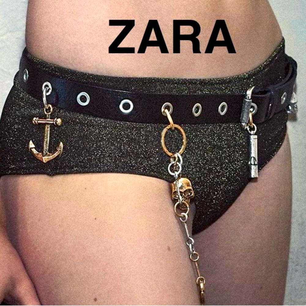 ZARA x KATE MOSS Black Leather Belt with Studs/Gold Charms - Size 34 (90) - NEW